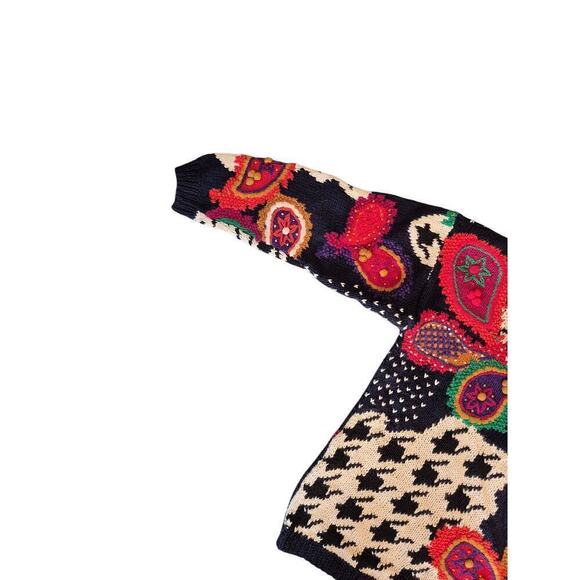 VTG 80s Sweater Knitting Needles Sz L Houndstooth Paisley Sweater Navy - Picture 5 of 8